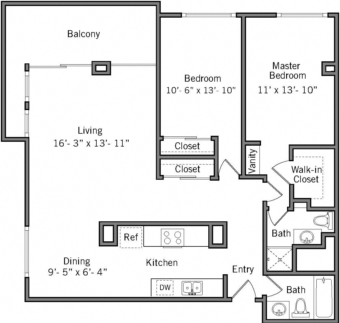 Floor plan for 2 beds, 2 baths, 1209 sqft